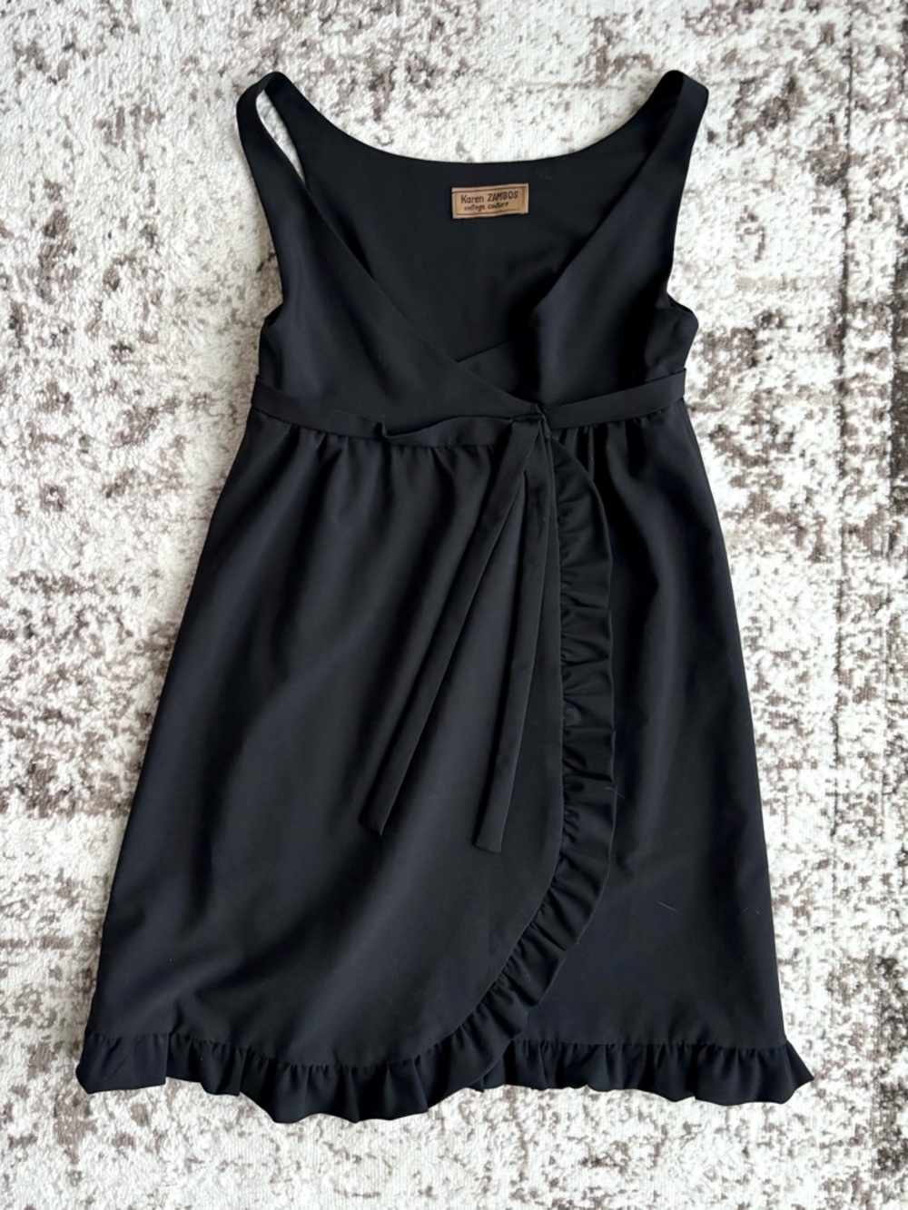 Karen Zambos Vintage Couture Black Ruffle Wrap Mini Dress